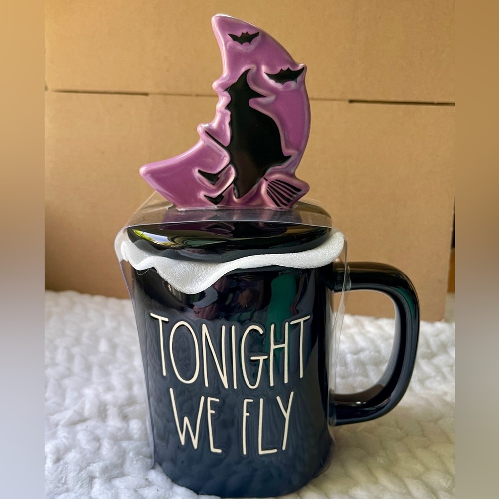 Rae Dunn Halloween Witch Tonight We Fly with Moon Mug Topper Ceramic Mug NWT